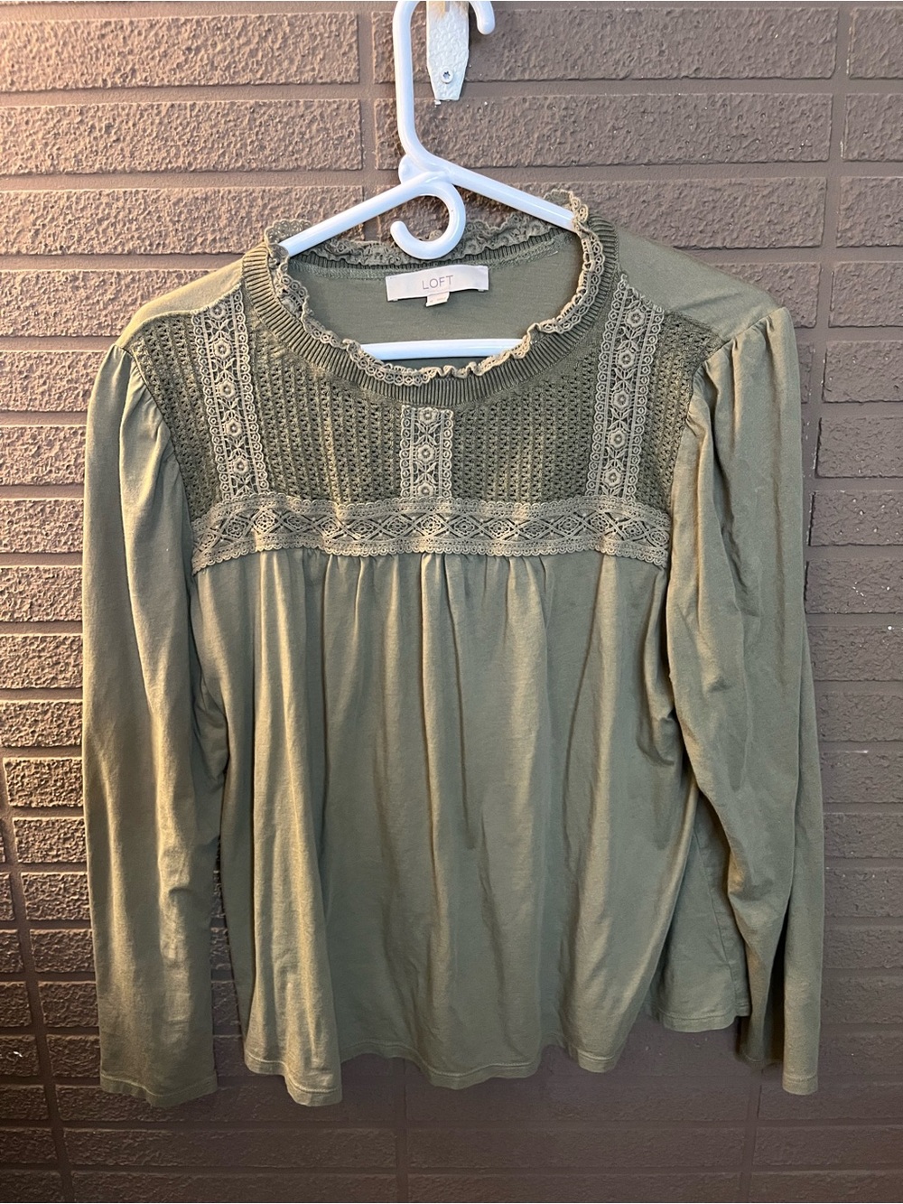LOFT Olive Lace Yoke Long Sleeve Blouse